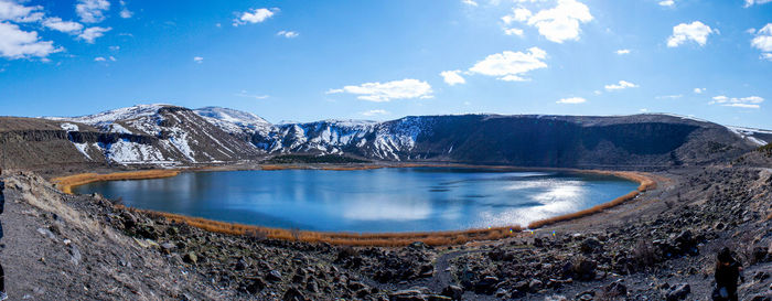 Scenic view of lake and mountains against sky