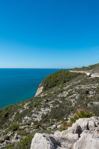 Scenic view of sea against clear blue sky