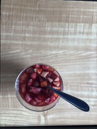 High angle view of chopped in bowl on table