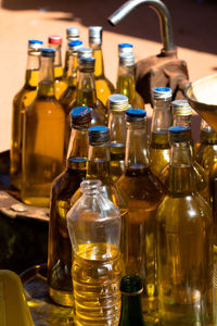 Close-up of palm oil bottles