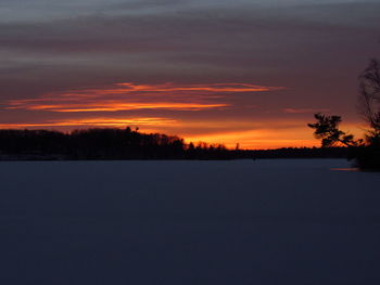 Scenic view of snow covered landscape at sunset