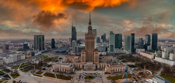 Aerial view of palace of culture and science and downtown business skyscrapers in warsaw