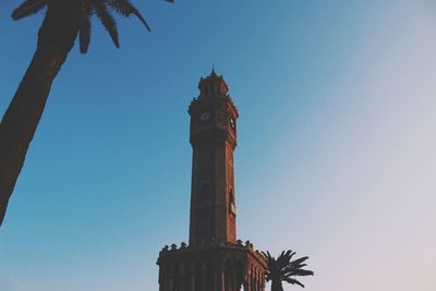 Low angle view of clock tower against clear sky