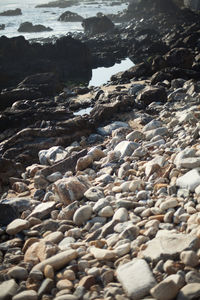 High angle view of pebbles on beach