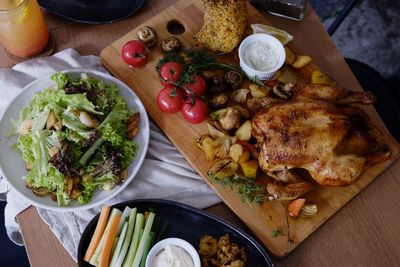 High angle view of food served on table