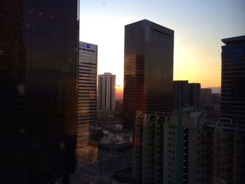 City skyline at sunset