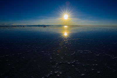 Scenic view of sea against blue sky during sunset