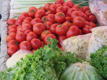 High angle view of tomatoes for sale at market stall