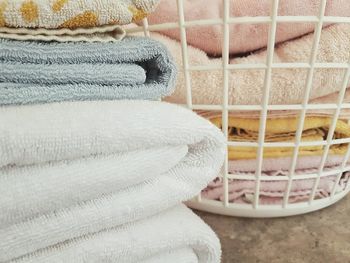 Close-up of stacked folded towels at home