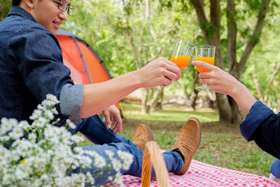 Cropped woman with friend toasting drink in park during picnic
