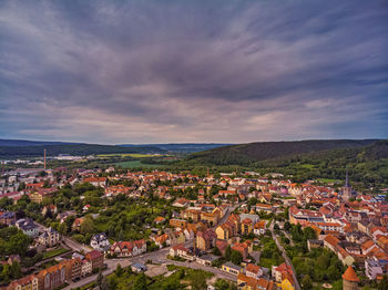 High angle shot of townscape against sky