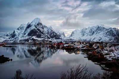 Scenic view of lake and snowcapped mountains against sky