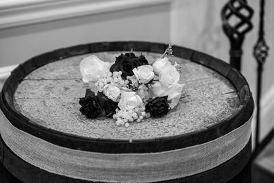 High angle view of roses in plate on table