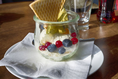 Close-up of dessert in glass on table