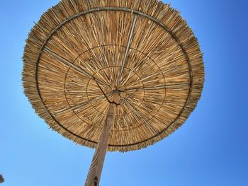 Low angle view of roof against clear blue sky