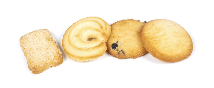 High angle view of cookies against white background