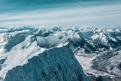 Mountain panorama from the viewing platform on the zugspitze. german and austrian ski areas.