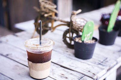 Close-up of coffee served on table