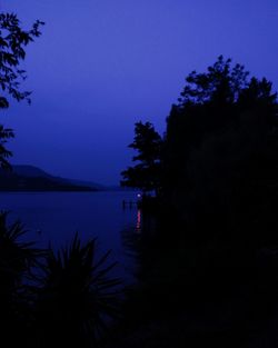 Silhouette trees by lake against clear blue sky at night