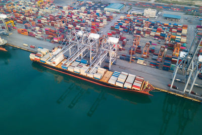 High angle view of commercial dock by sea