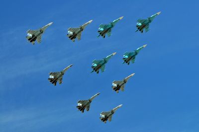 Russian aircrafts in the blue sky during the 9 may pride in moscow city