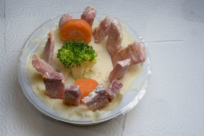 High angle view of breakfast served on table