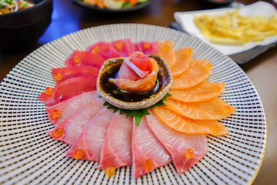 High angle view of strawberry in plate on table