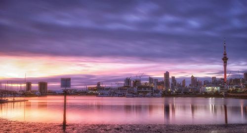 City at waterfront during sunset