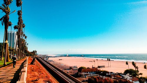 Panoramic view of santa monica beach against clear sky