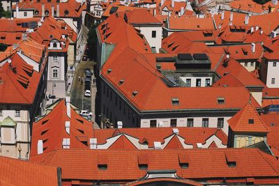 High angle view of houses in city