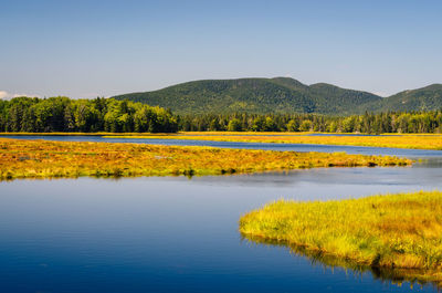 Calm lake against landscape