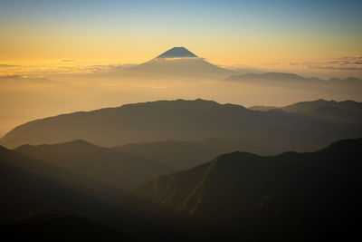 Scenic view of silhouette mountains against sky during sunset