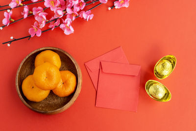 High angle view of fruits in bowl on table