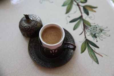 High angle view of coffee on table