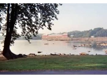 Scenic view of river with trees in background