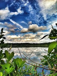 Scenic view of lake against cloudy sky