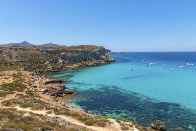 High angle view of sea against clear sky