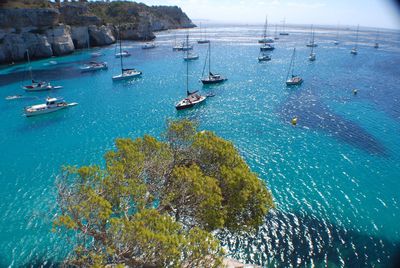 High angle view of boats moored in sea