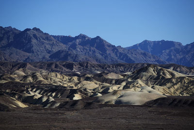 Scenic view of mountains against clear blue sky