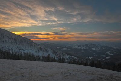 Scenic view of snowcapped mountains against sky during sunset