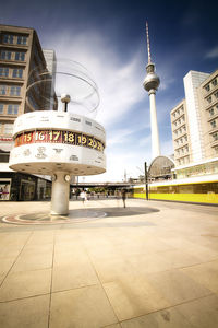 View of communications tower in city