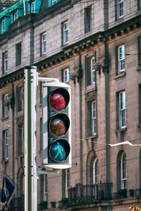 Low angle view of road sign against building