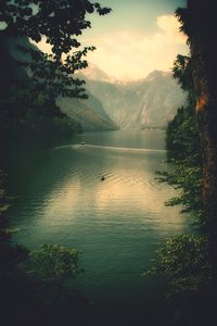 Scenic view of lake by trees against sky