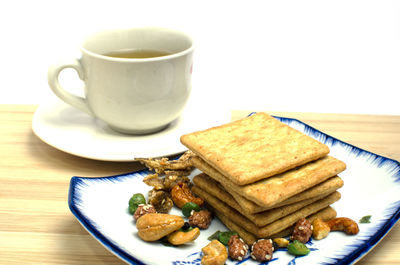 Close-up of breakfast served on table
