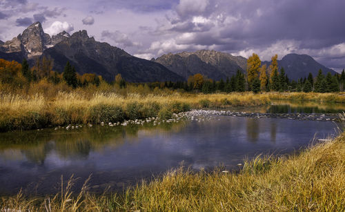 Scenic view of lake by mountains against sky