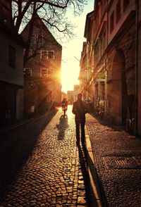 People walking on street during sunset