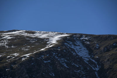Low angle view of snowcapped mountain against clear blue sky