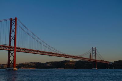 View of suspension bridge over river against blue sky