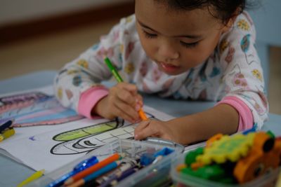 Close-up of cute girl drawing on table at home