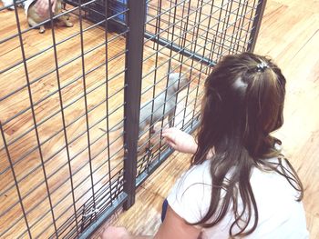 High angle view of girl playing on cat in cage